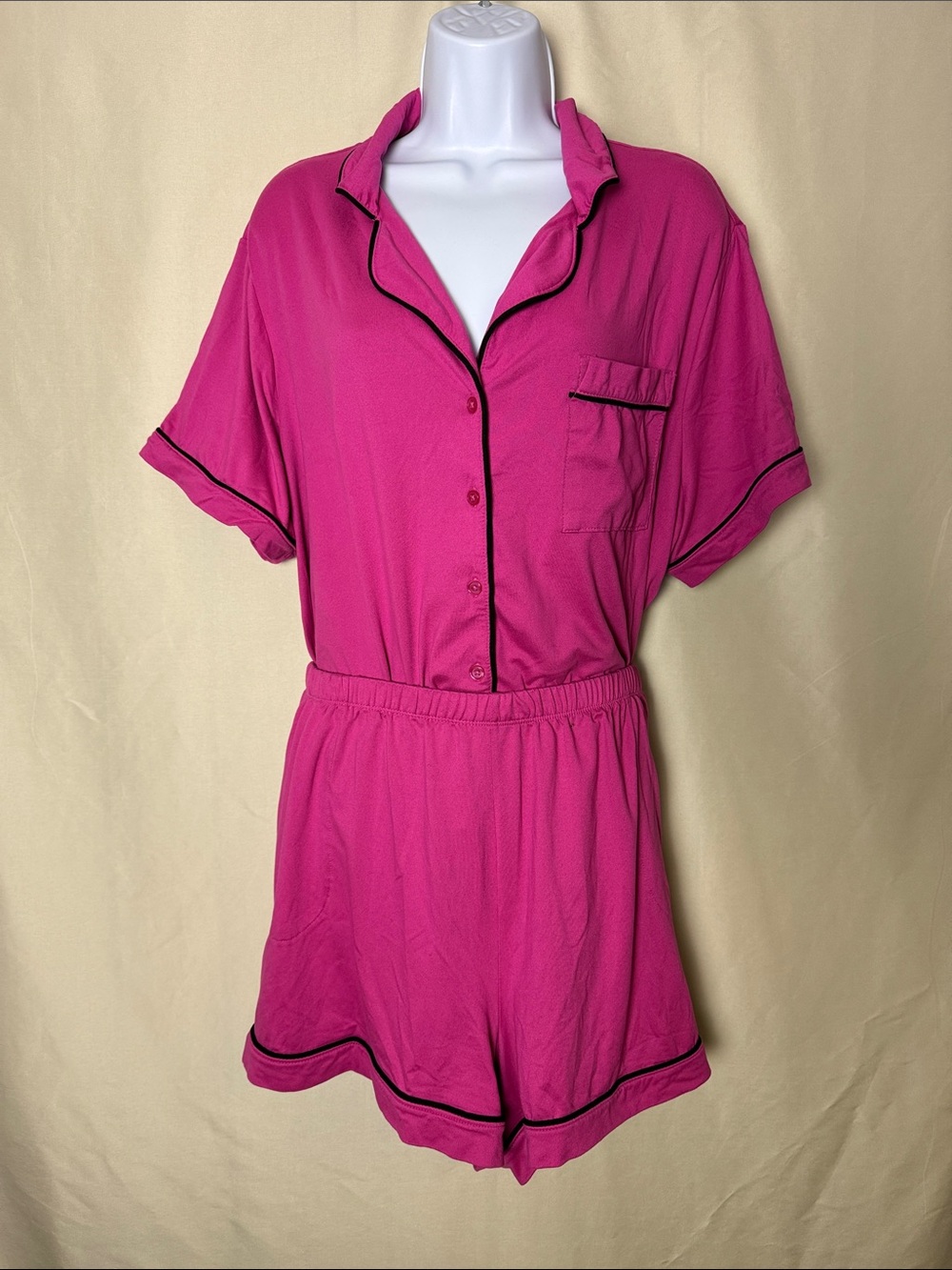 Short Sleeve Pink Pajama Set with Black Trim